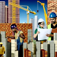 People working in construction building